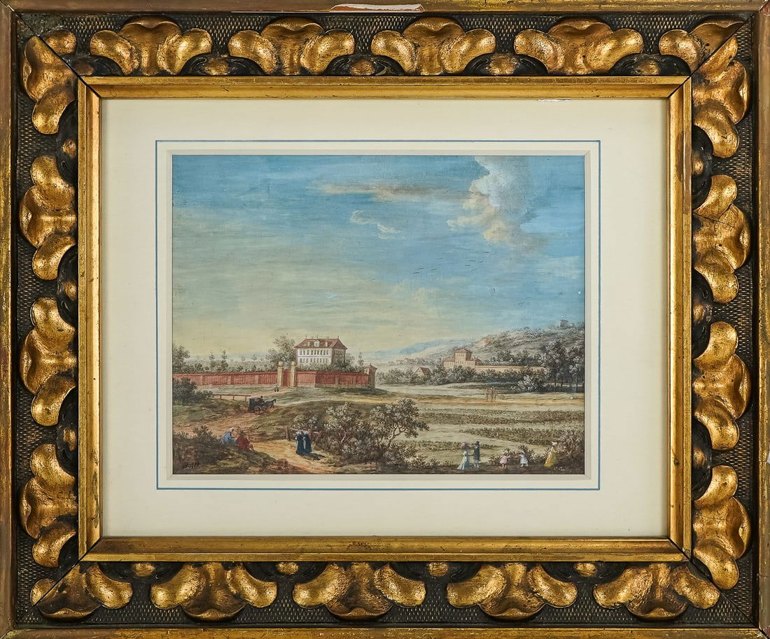 Franz Alt (AU 1821-1914) Chateau scene in Gouache: Franz Alt (Austrian 1821-1941) Chateau Scene in gouache signed lower left 7 x 9" 13 x 16" as framed. Alt was an Austrian landscape and architectural painter, known for his detailed watercolors of Euro