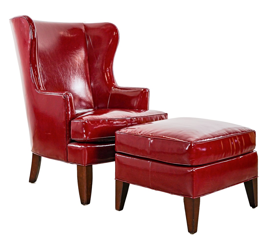 Late 20th c Red Leather Wing Chair with Ottoman (1 of 4)
