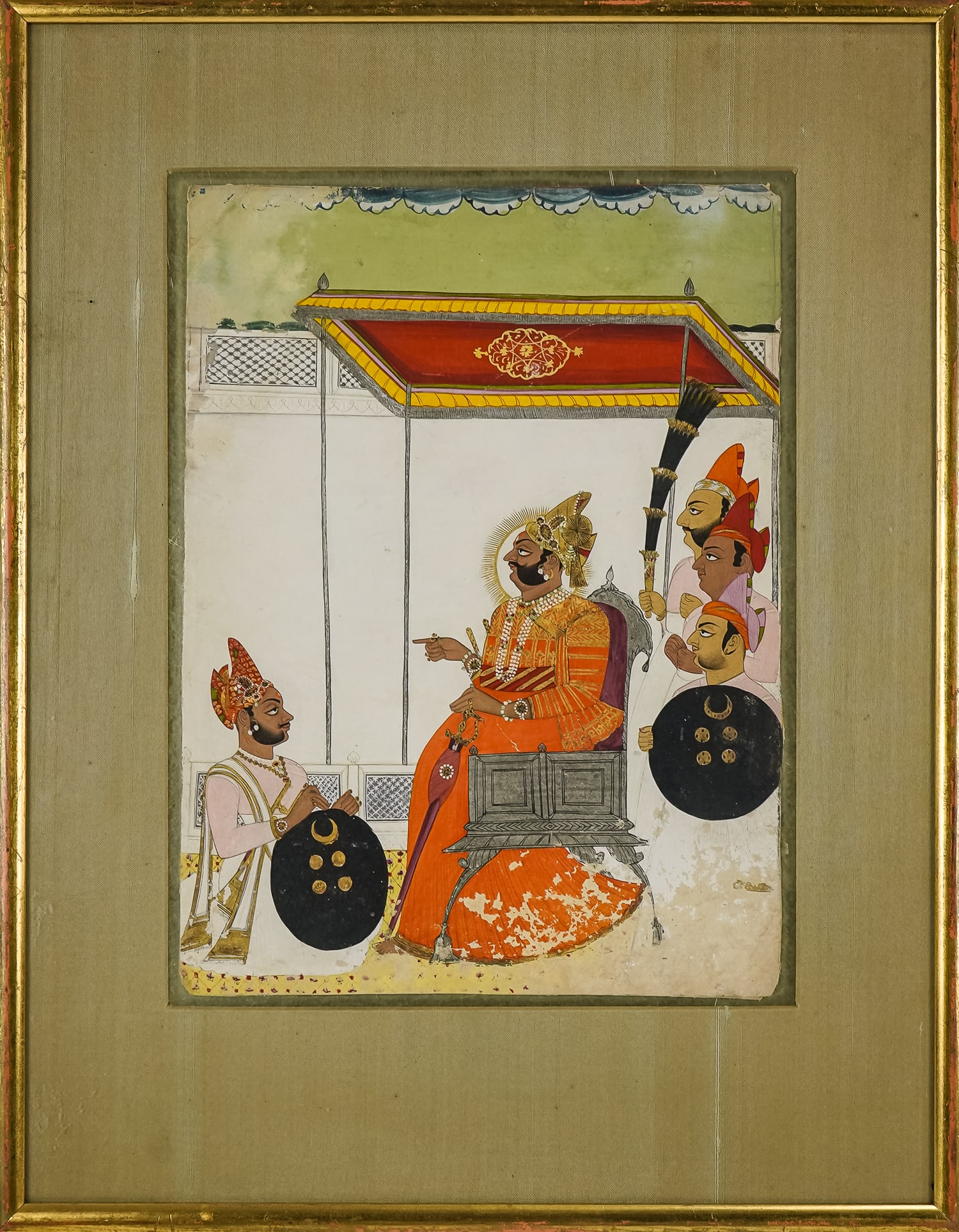 18th c Indian Mughal court portrait: 18th c Indian Mughal Court miniature on paper (technique not size) gilt and egg tempera 12 x 9" 18 x 14" as framed. Indian miniatures are characterised by a direct expressive quality, and remarkable t