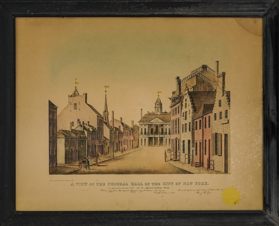 A view of the Federal Hall of the City of New York: A view of Federal Hall of the City of New York - lithograph after Currier and Ives 1902 Restrike from original plate made by DW Logan with notary seal 26 x 31" as framed some toning.