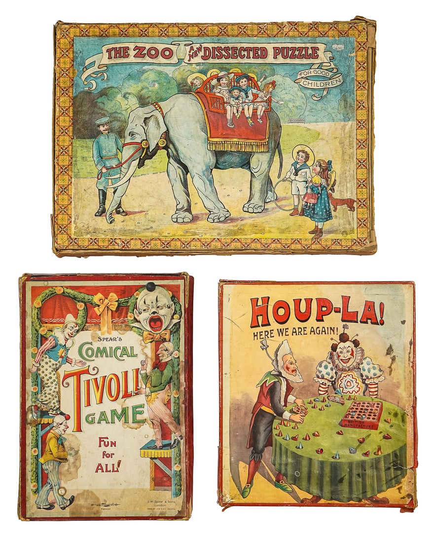 19th c Puzzles & Games: Three 19th c puzzles and games- Houp-la, Spear's Comical Tivoli, The Zoo- A new Dissected Puzzle, some damage, losses, lengths from 10" to 15"