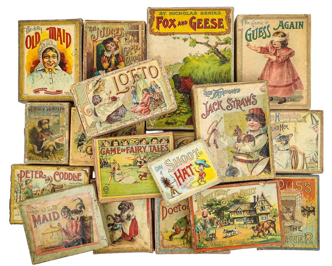 19th c Card Games: Eighteen 19th c card games with colorful lithography, 4" to 9"