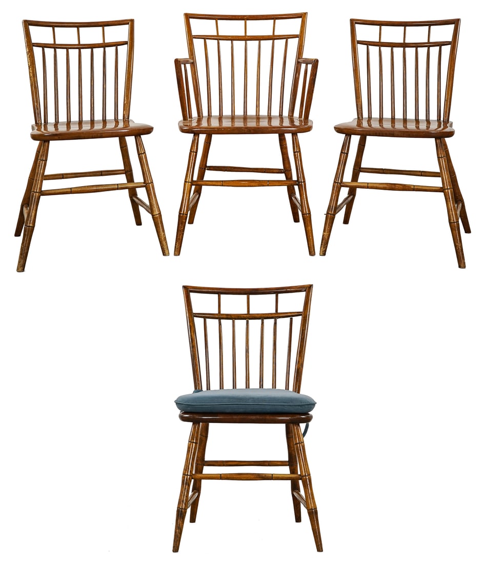Set of Four Curtis Colonial Birdcage Windsors: Set of Four Curtis Colonial rock maple birdcage windsor chairs with branded seats. 32 x 18 x 18" with 18" seat.