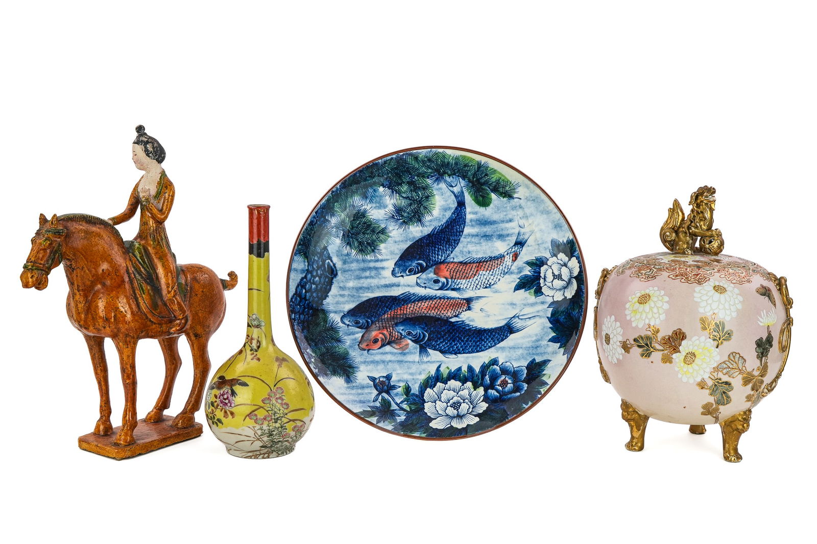 4 Asian Themed Decorative Ceramic Items: Group of 4 Asian themed decorative ceramic items including Italian orange glazed Tang Dynasty style terracotta horse roof tile, Japanese Imperial yellow bud vase, Satsuma type covered jar with foo dog