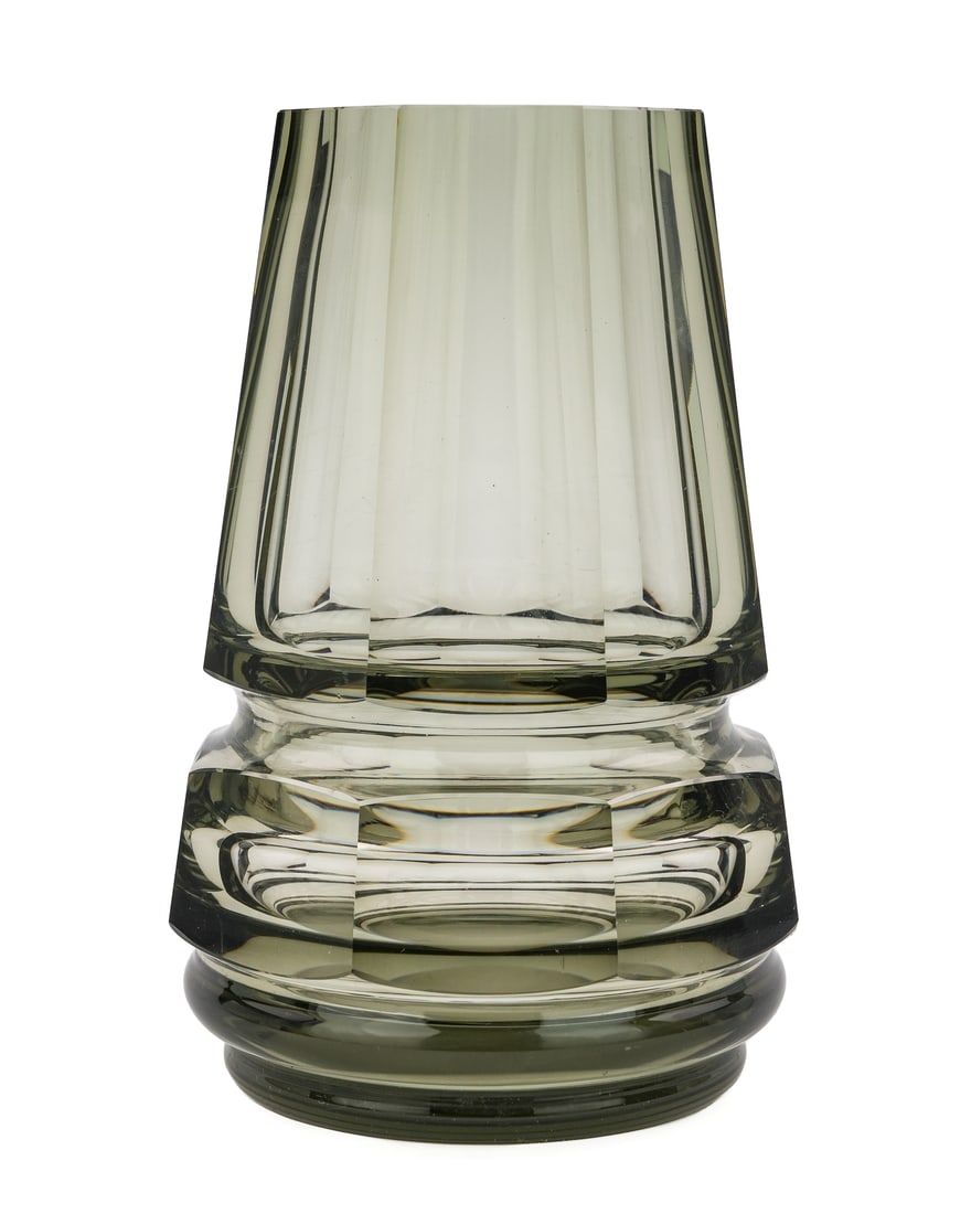 Moser Josef Hoffman Smoky Glass Vase: Josef Hoffmann for Moser Art Deco Bohemian smoky glass cut and faceted bouquet vase 8" x 6"