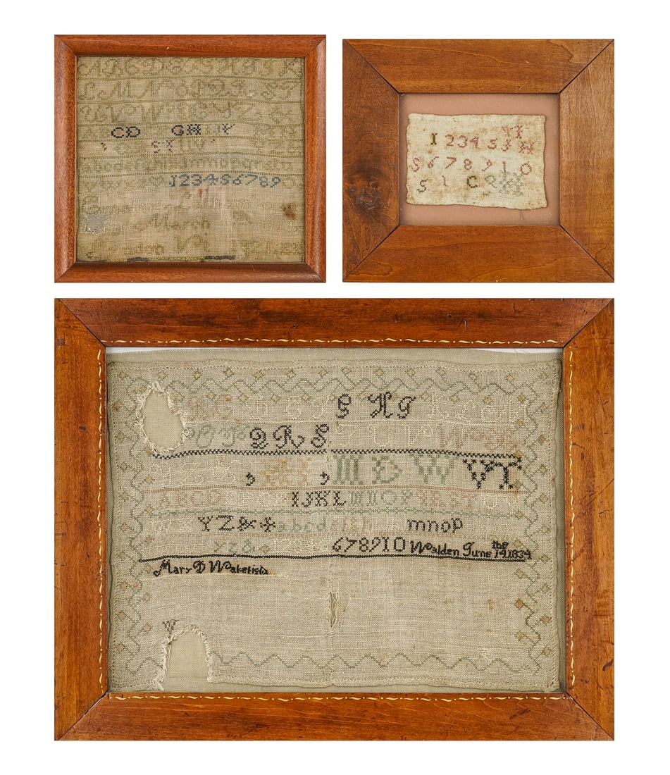 Early 19th c Schoolgirl Samplers: 19th c schoolgirl samplers (3 pcs), all framed, the largest Mary D Wakefield, Walden, 1834 with mouse holes, sight 3" x 5", 7" x8", 12" x 16"