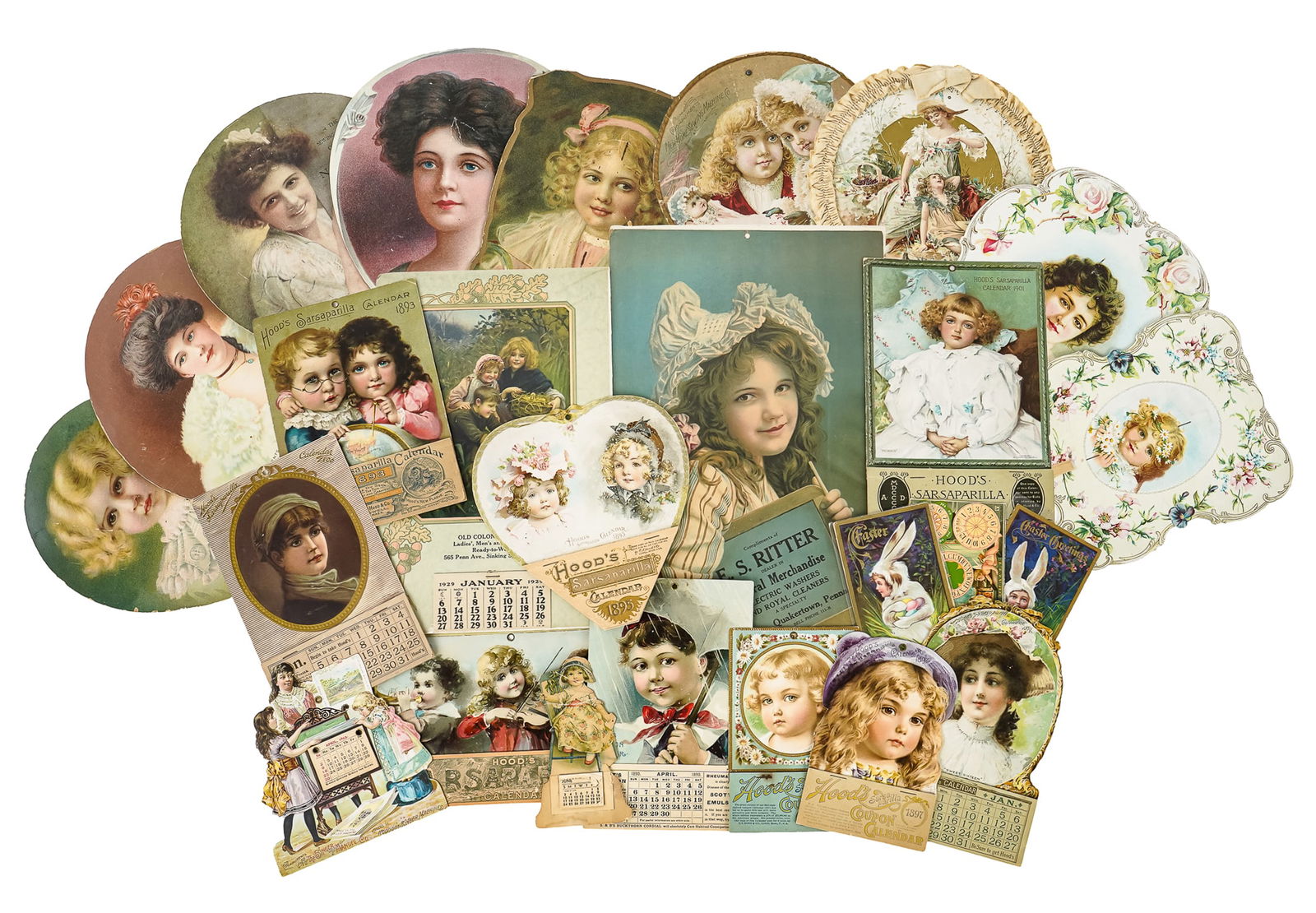 Paper Litho Fans, Postcards, Calendars: Paper litho fans, postcards, calendars, including "The Children's Bookstore" (missing one volume) by Ernest Nister, Bavaria