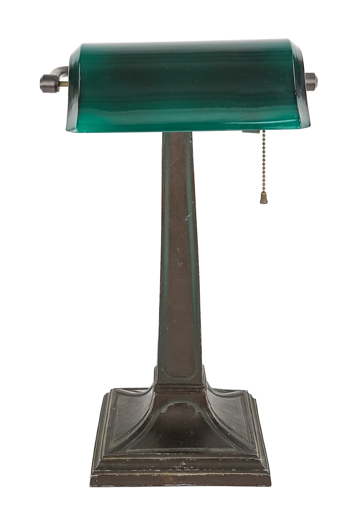 Emeralite Type Desk Lamp: Schwartz, New York City Emeralite type desk lamp, patinated white metal base, signed,as found original silk wound cord, ht 17 1/2"