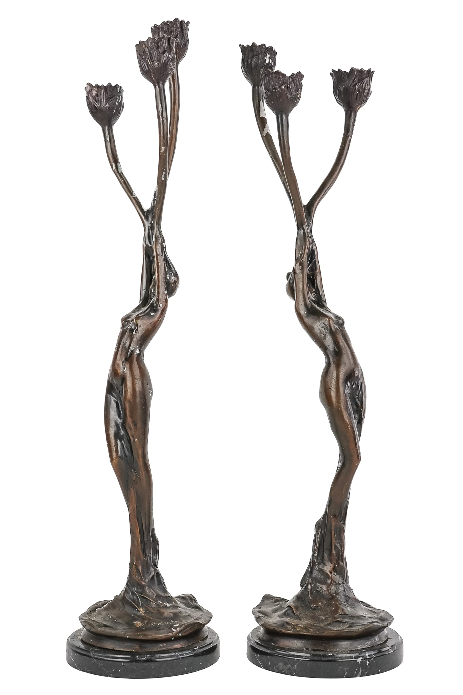 Firmin Bate Art Nouveau Candlesticks: Pair of patinated bronze Art Nouveau candlesticks, signed F M Bate (Firmin Bate , on turned marble bases, overall ht ht 23"