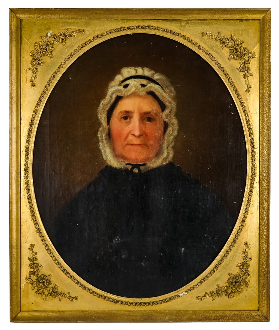 circa 1850 portrait of Sarah Robbins: Circa 1850 Portrait of Sarah Robbins oil on canvas with identifying tag reverse 31 x 26" as framed.