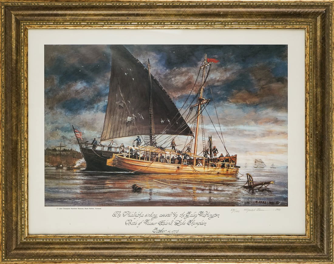 Ernest Haas (VT 1929-) The Philadelphia Sinking: Ernest Haas (Vermont 1929-) The Philadelphia sinking assisted by the Galley Washington- offset lithograph on paper - pencil signed and editioned lower margin 58/1000 dated 1991 - plate 13.5 x 21.5" 22