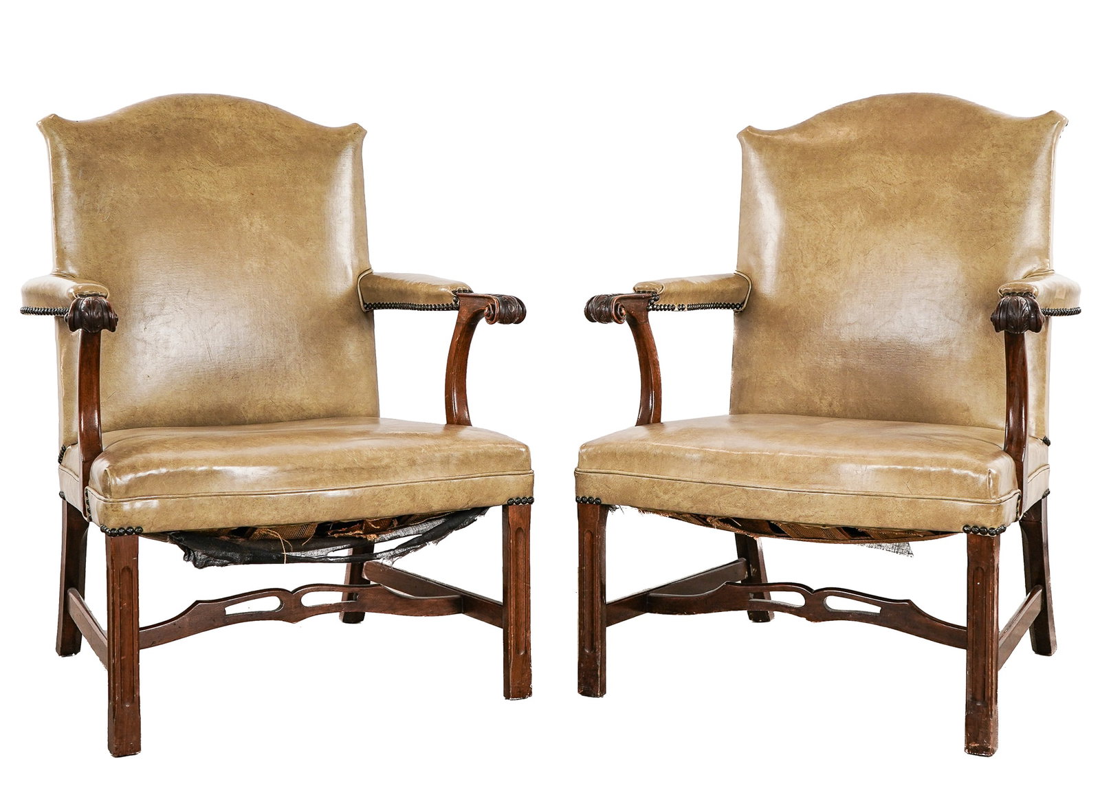 Pair of 20th c Chippendale style armchairs: Pair of 20th c Chippendale style armchairs with simulated leather upholstery 38 x 27 x 23" 16" to seat