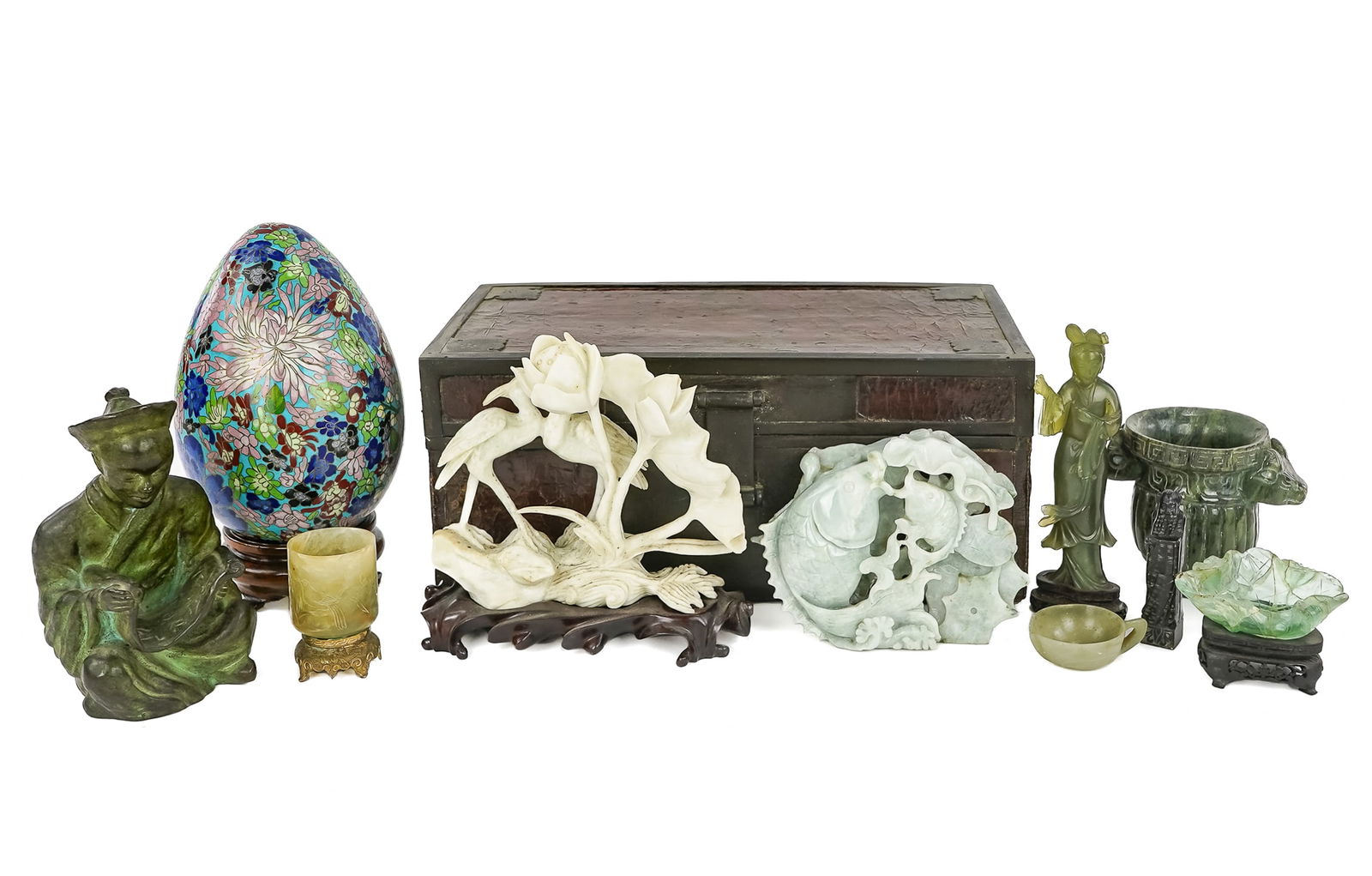 Asian Carved Stone and Decorative Objects: Lot of Asian carved stone and other decorative items including brass mounted leather valuables box, bronze of seated figure signed by Boston socialite and writer Ellen Marie Sinclair, large cloisonne