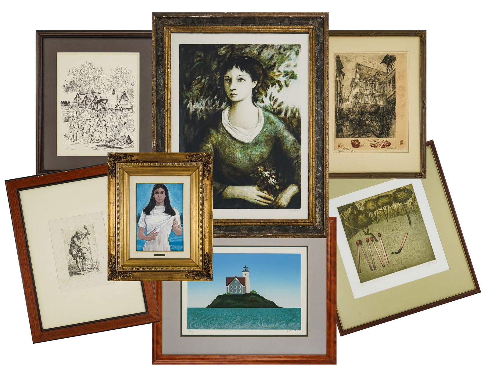 Seven Pieces of Framed Art: Seven Pieces of Framed Art- Salvator Rosa (IT 1615-1673) Varia Et Concinna Delineamento- etching on paper- Plate 5.5 x 3.5" 18 x 14" as Framed; Domenico Purificato (IT 1915-1984) Portrait of a lady Li