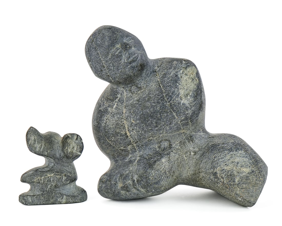 George Arluk Intertwined Figures: George Arluk (Manitoba 1949-2023) soapstone Inuit sculpture Two Intertwined Figures, inscribed with the artist's Inuktitut syllabics on base, ht 8 1/4", sold with a small Arluk sculpture ht 3"