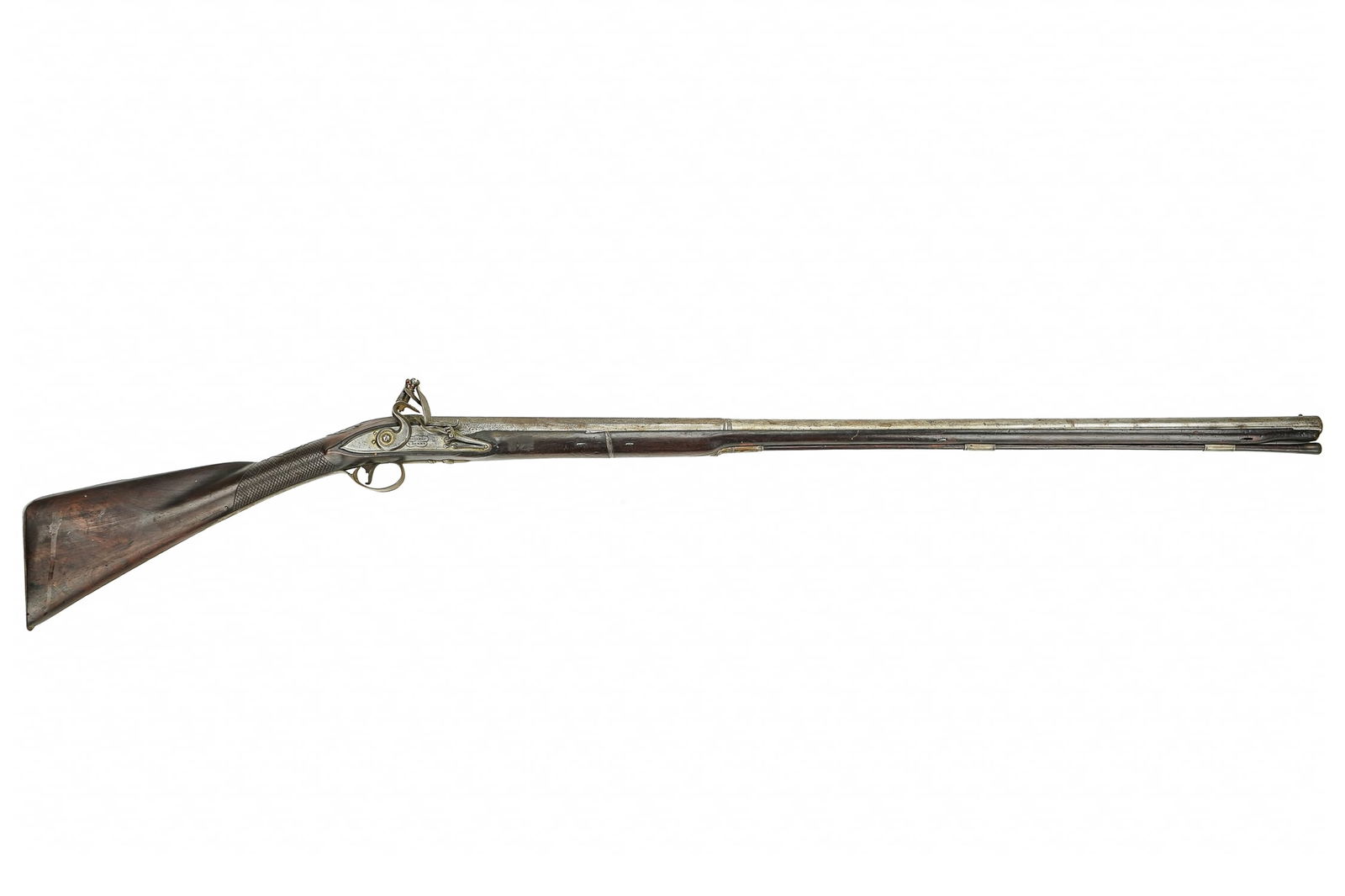 Ryland and Darby Flintlock Smoothbore: Ryland and Darby Flintlock Fowler or smoothbore gun 36" .69 Cal 1/2 round barrel 51" overall. rococo decoration, including sporting dogs, carved shells, sterling thumb medallion with AM monogram.