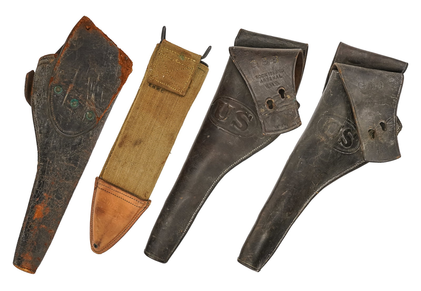 Three US 1881 Rock Island Arsenal Holsters and a Bolo Scabbard: Three US Model 1881 Rock Island Arsenal Holsters with US embossed- one marked G59 with EHS inspectors mark, one marked G38 with EHS and MNH inspectors marks both with Stenciled SS & C inside flap,