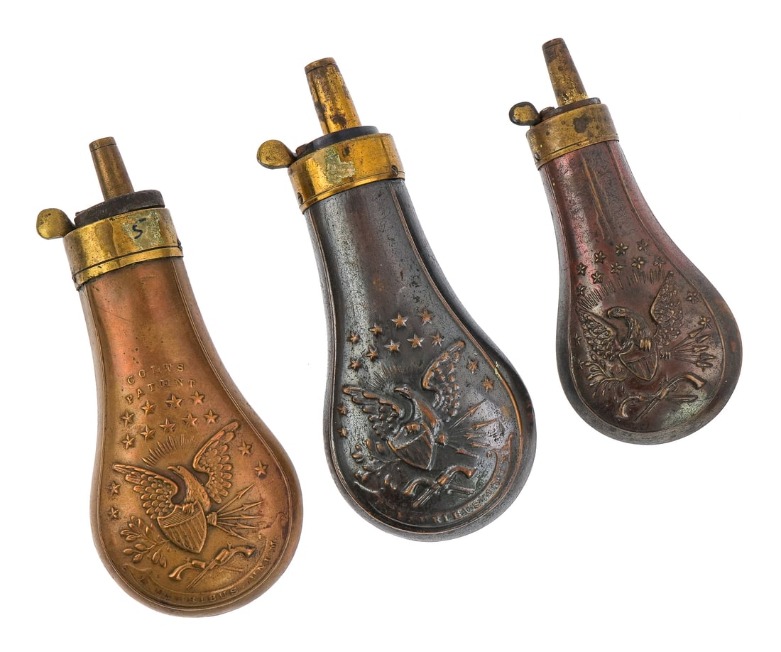 3 Colt Eagle & Shield Embossed Pistol Powder Flasks (1 of 4)