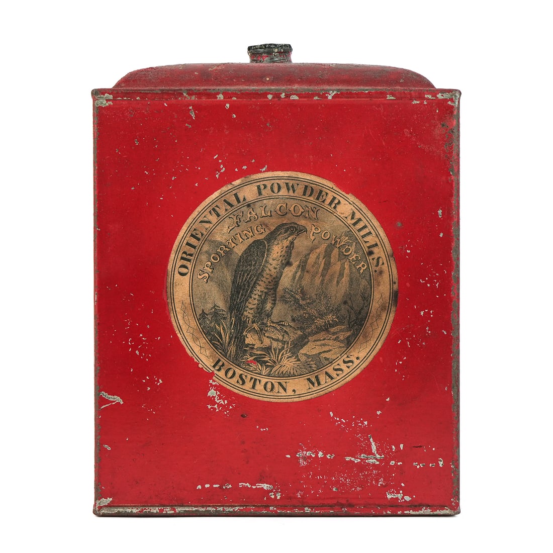 Oriental Powder Mills Rectangular Tin: 19th c advertising gunpowder rectangular tin. Oriental Powder Mills, Falcon Sporting Powder, Boston, MASS. Red painted tin with paper advertising label having a Falcon. Age appropriate wear and