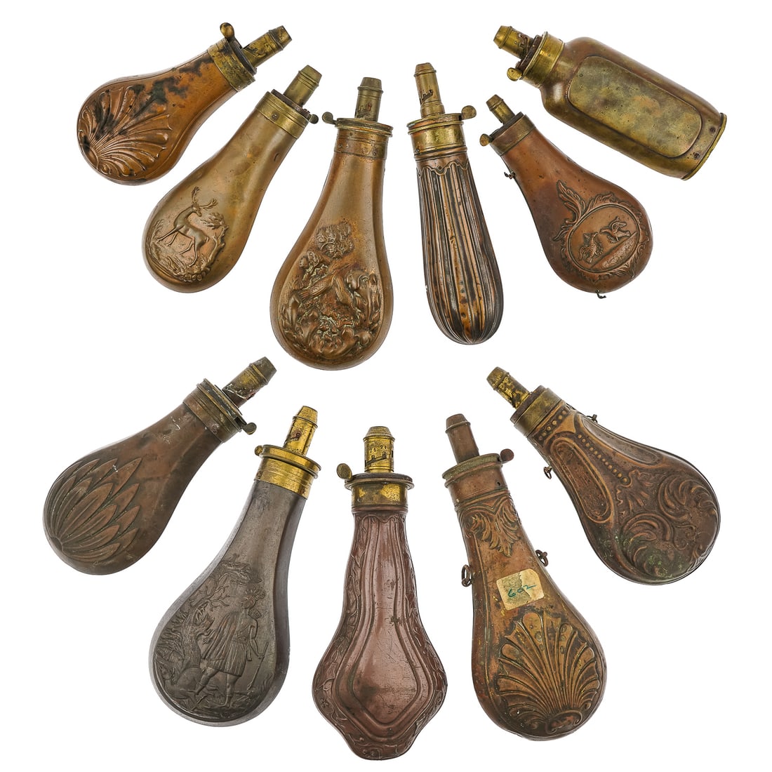 11 19th c Embossed Powder Flasks (1 of 6)