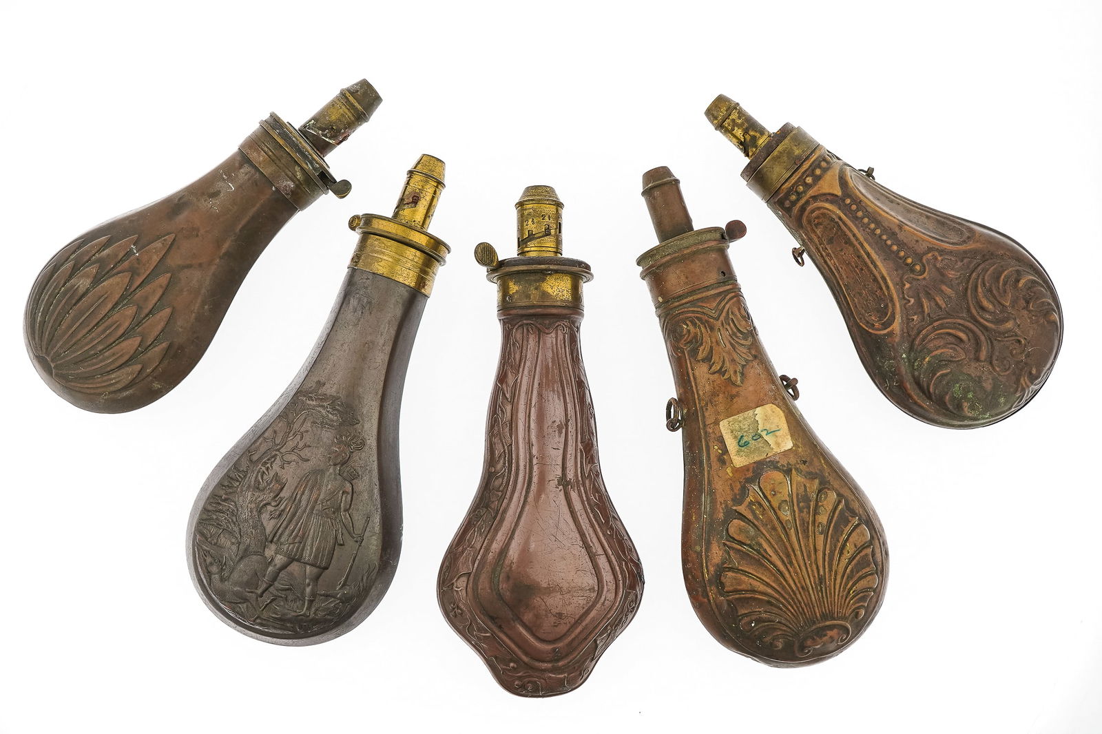 11 19th c Embossed Powder Flasks - 2