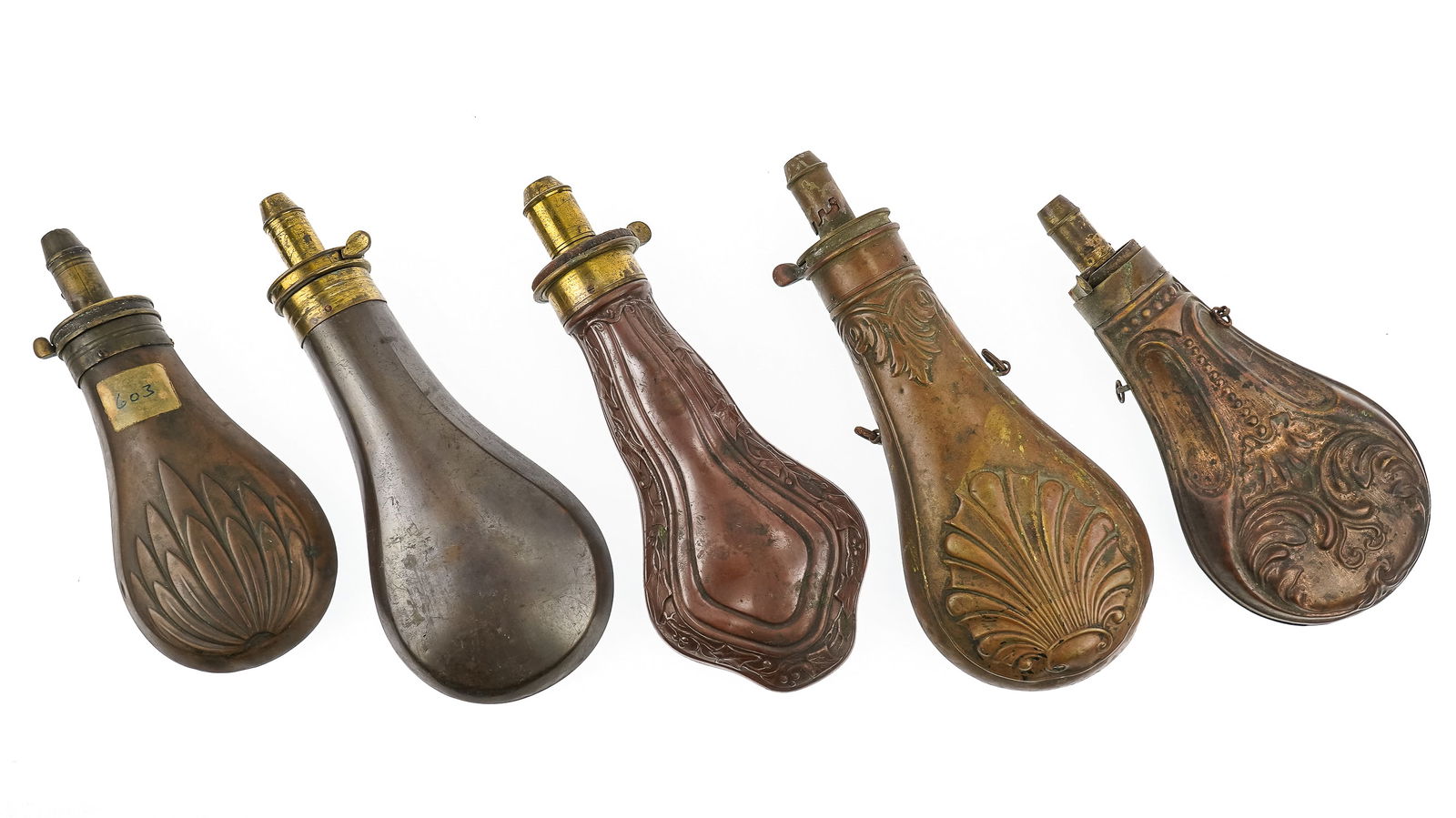 11 19th c Embossed Powder Flasks - 3