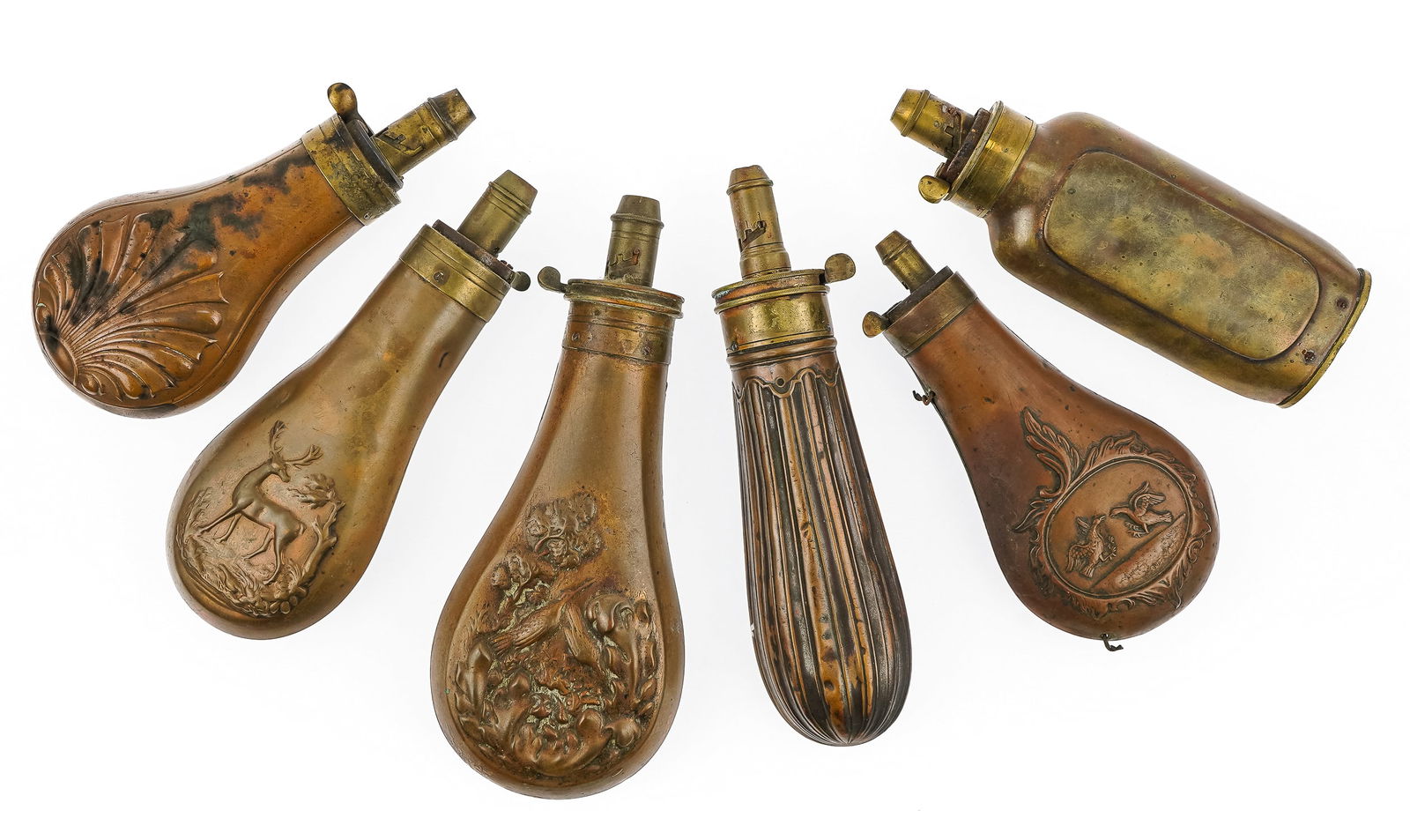 11 19th c Embossed Powder Flasks - 4