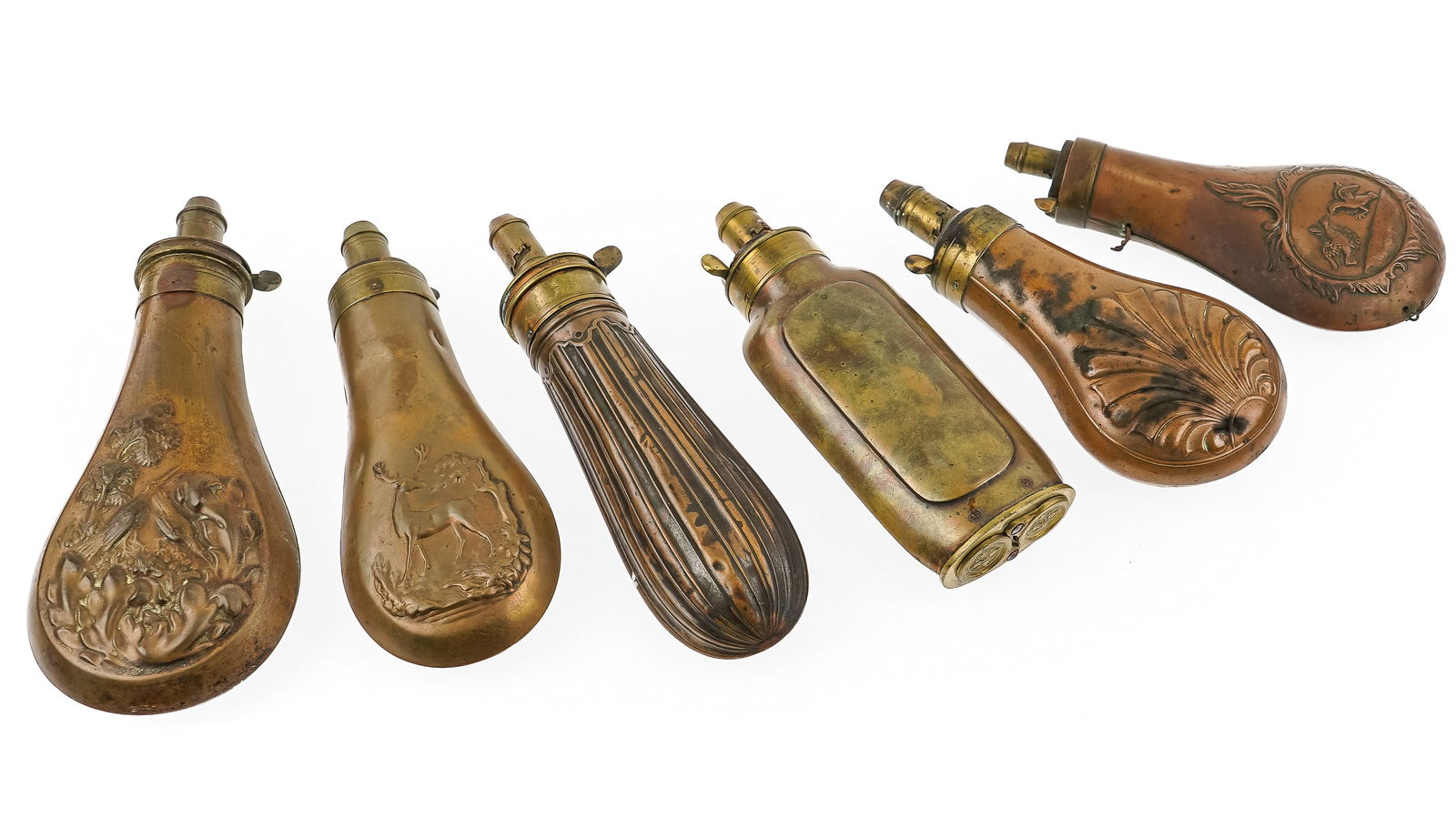 11 19th c Embossed Powder Flasks - 6