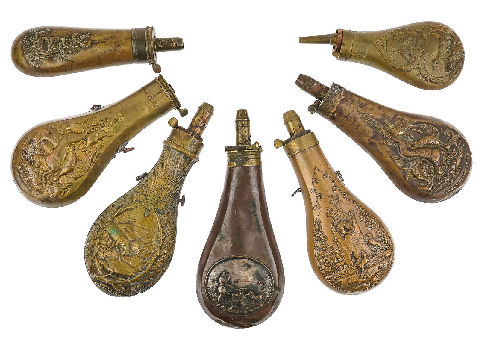 7 19th c Embossed Powder Flasks (1 of 7)