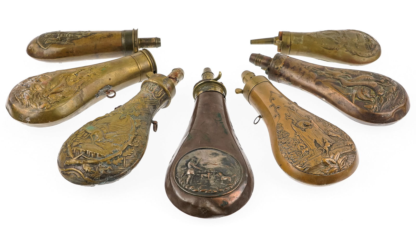7 19th c Embossed Powder Flasks - 2