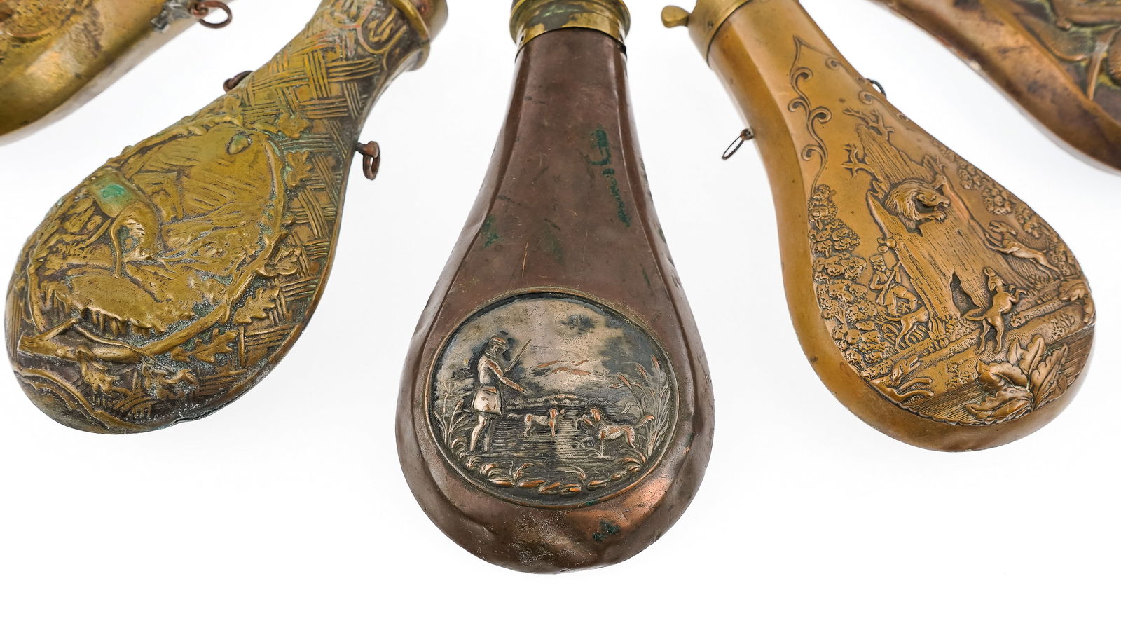 7 19th c Embossed Powder Flasks - 3