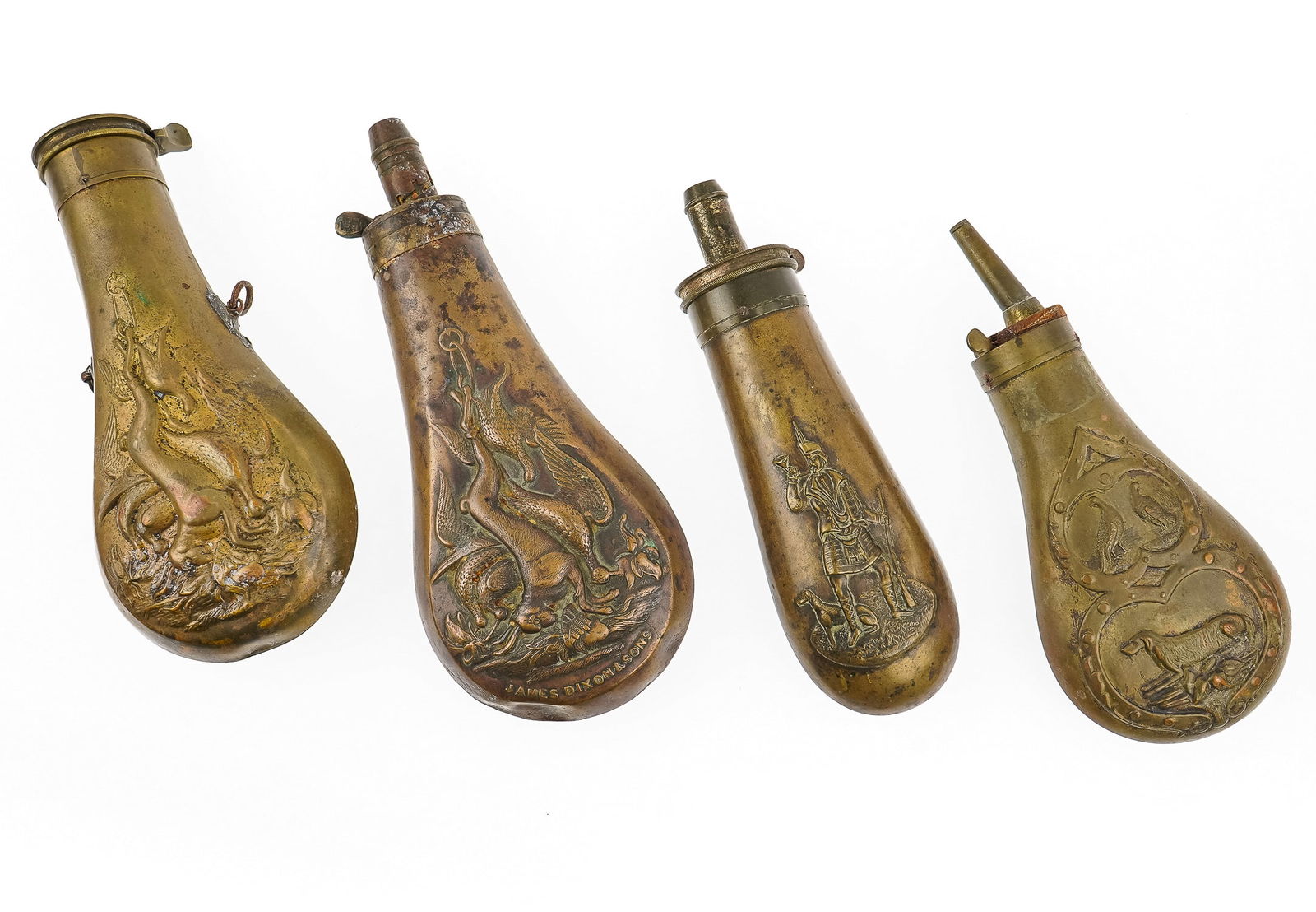 7 19th c Embossed Powder Flasks - 4