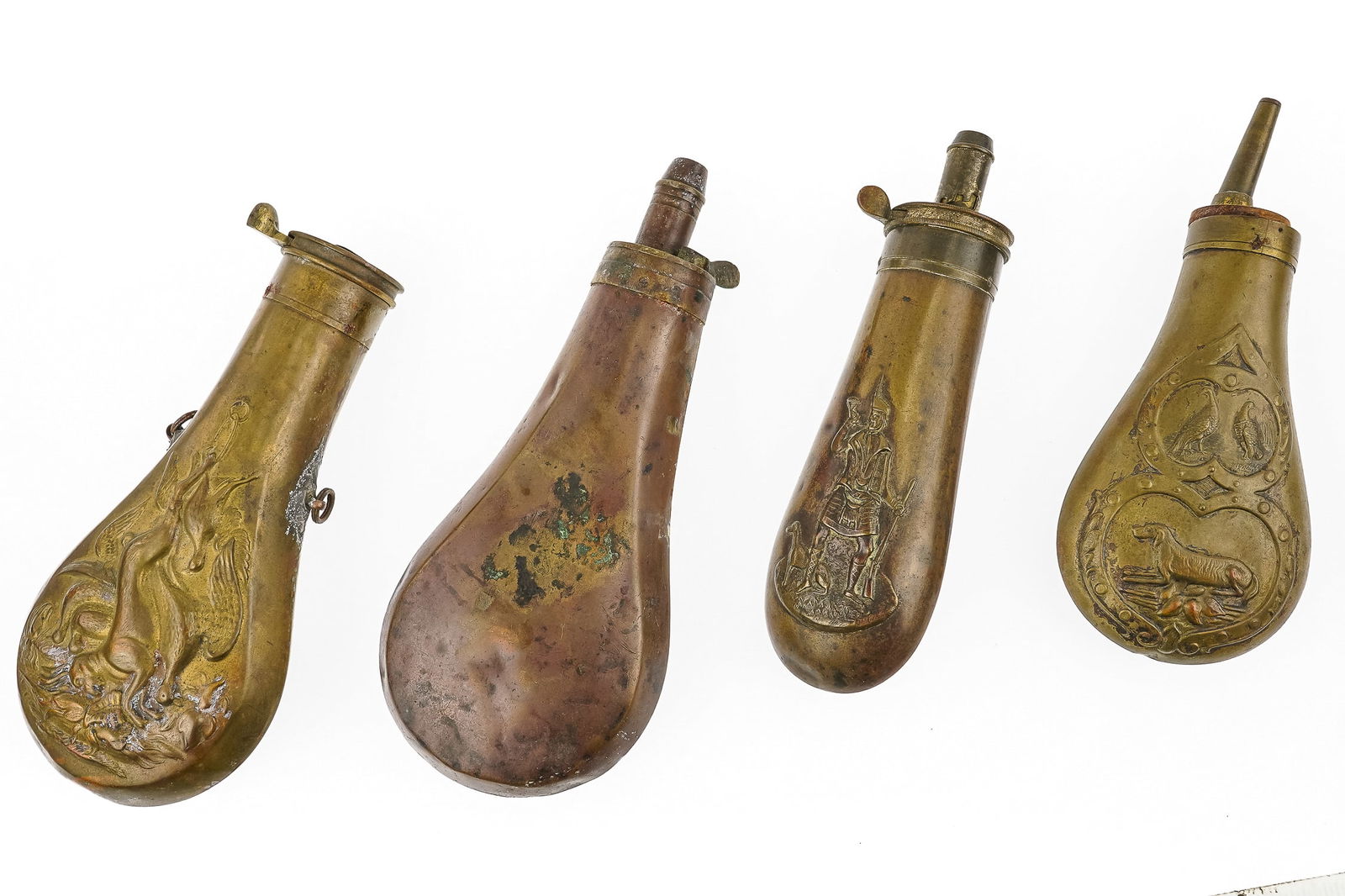 7 19th c Embossed Powder Flasks - 5