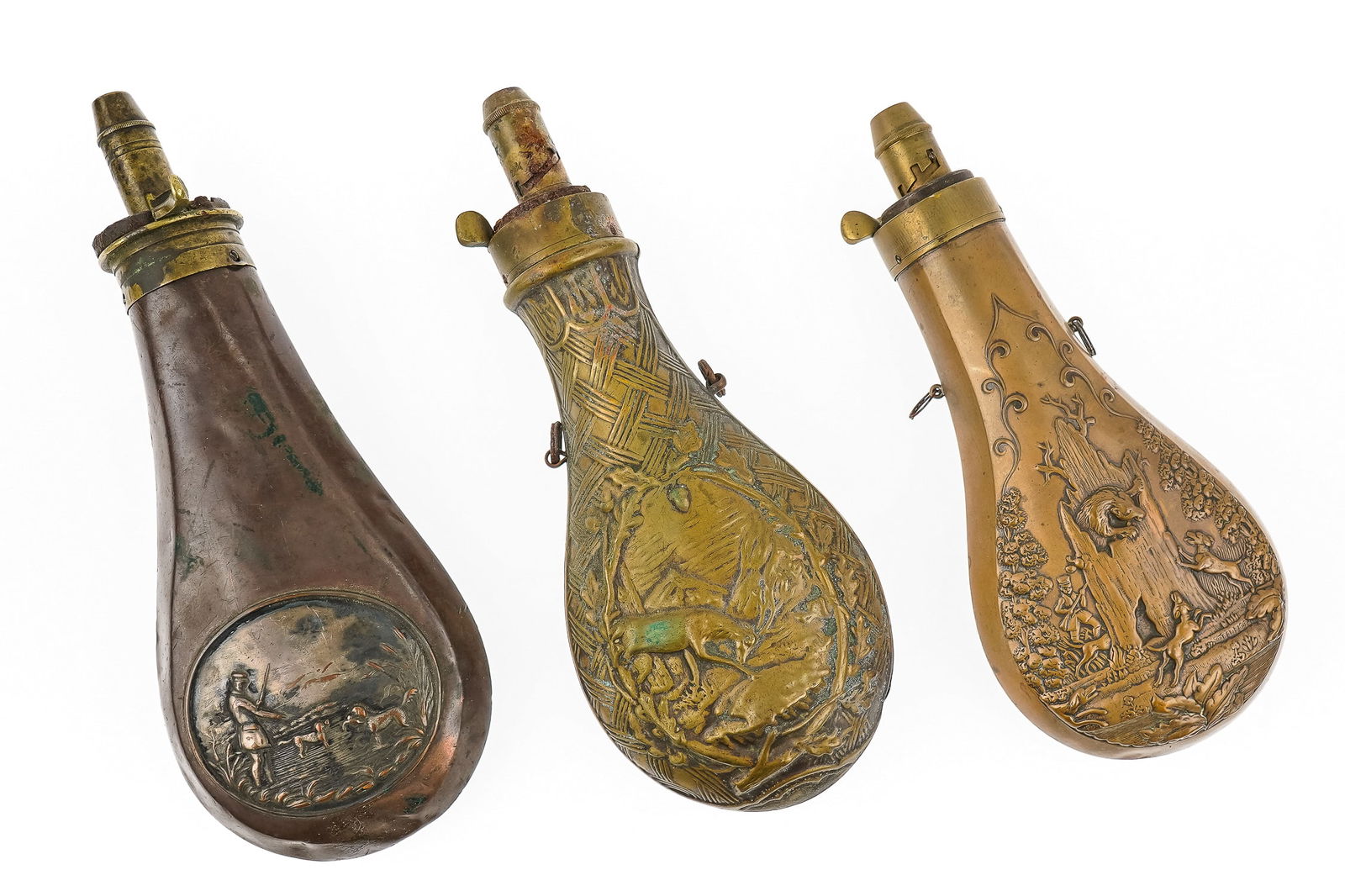 7 19th c Embossed Powder Flasks - 6