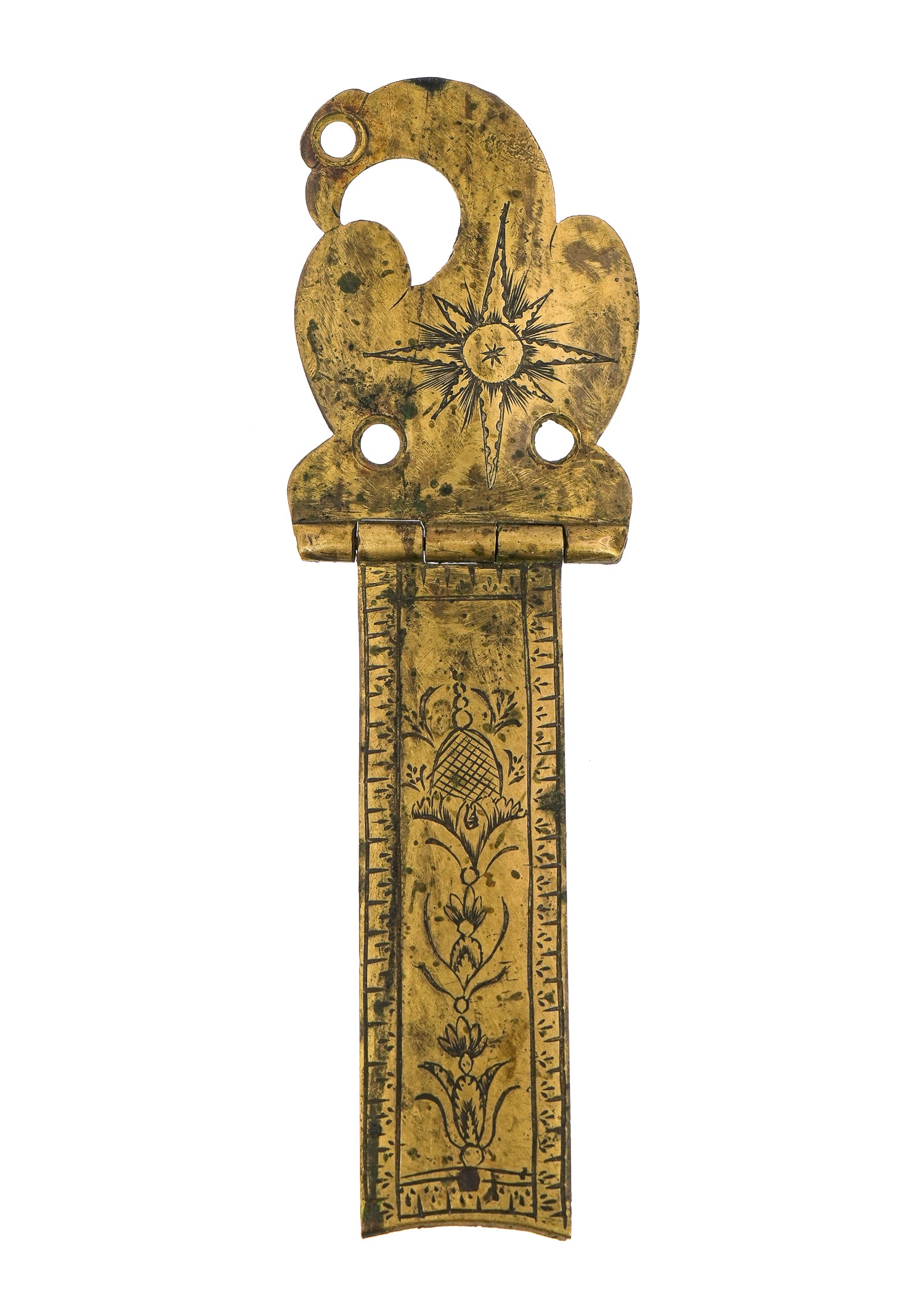 18th c American Eagle Patch Box Hinge: Brass mounting for flint lock era muskets including a 18th c American patch box hinge with eagle form end, compass, star, & floral engraving. 6 1/4" long.