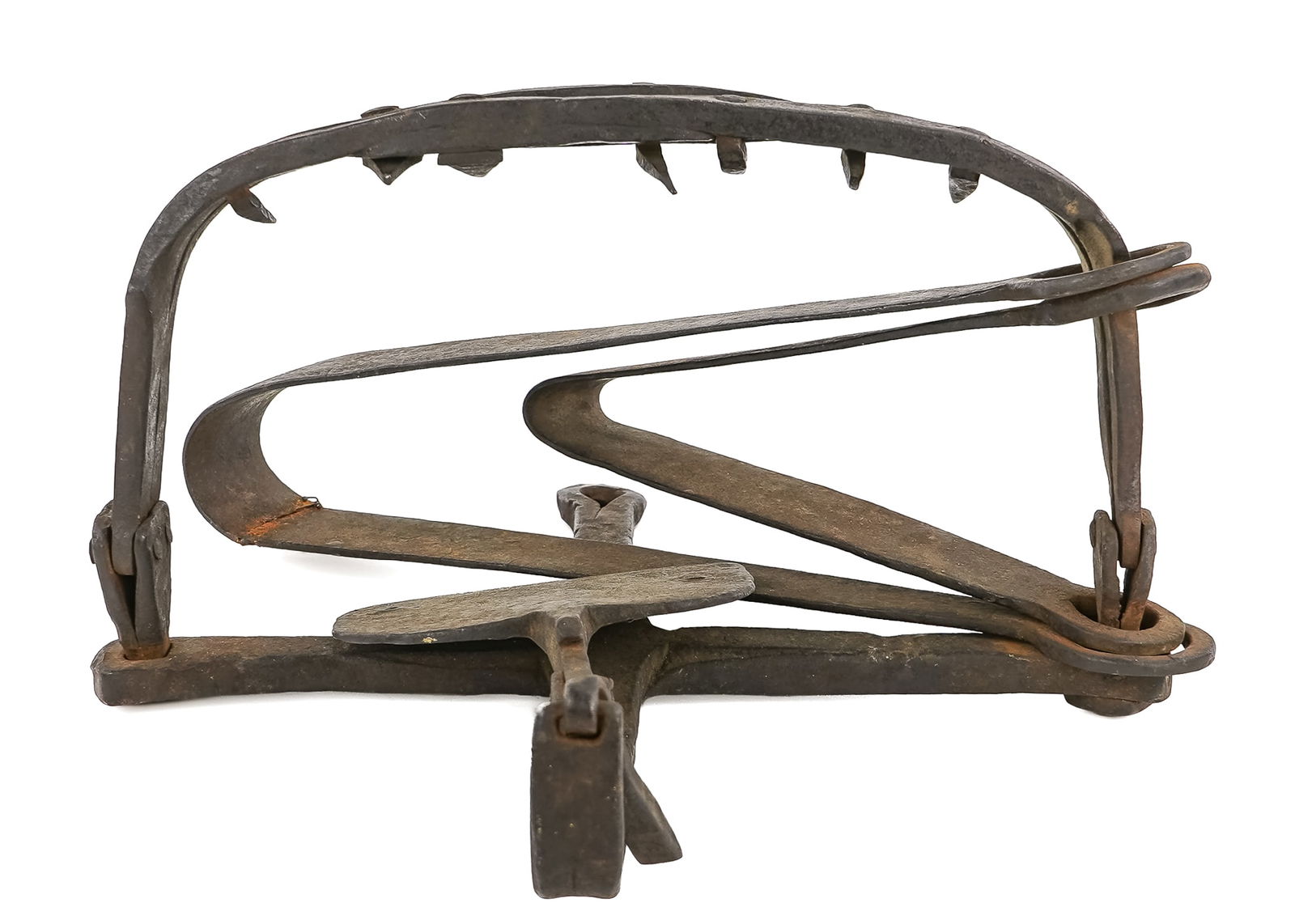 Early Hand Wrought Bear Trap: Early hand forged bear trap with teeth, 13" bite