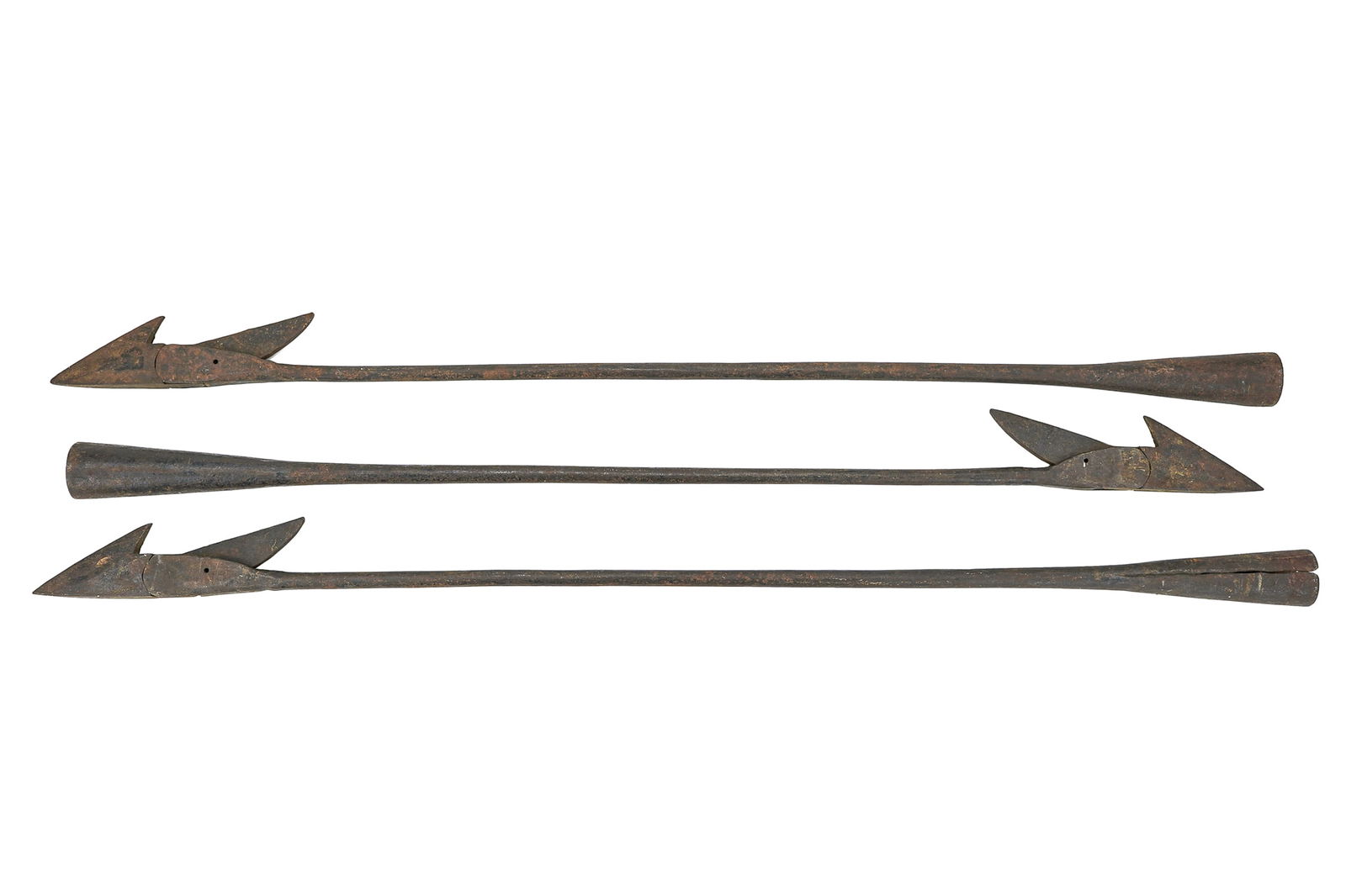 Three 19th c Hand Wrought Harpoons: Three 19th c hand forged harpoons with toggles, 33" to 35"