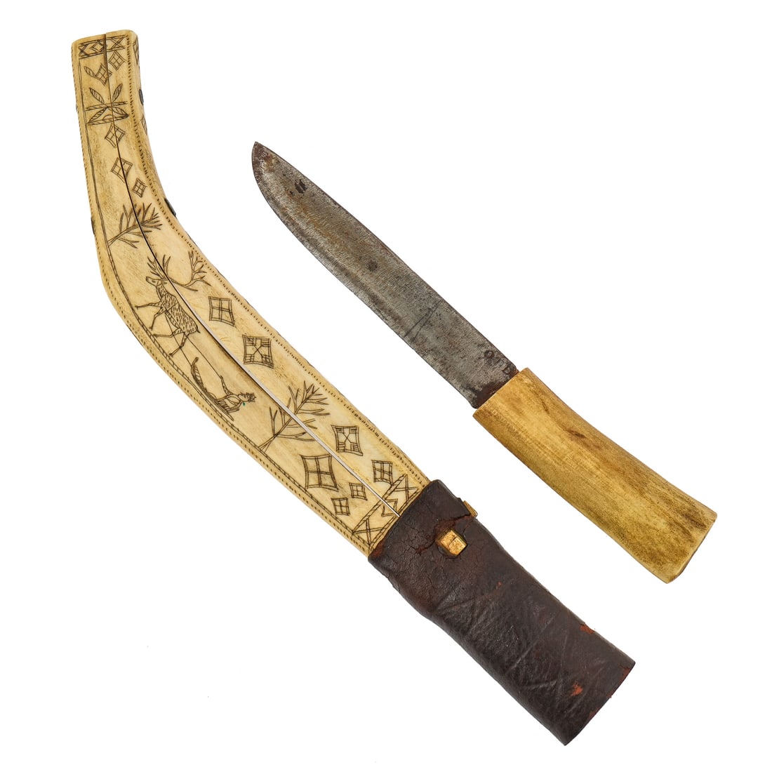 19th c Sami Scrimshaw Sheath Knife: 19th c Nordic Arctic Sami knife, sheath decorated with scrimshaw reindeer, reindeer sled, bone handled knife signed stamped OTD, blade length 5", overall knife length 8 1/2", sheath overall length 12"
