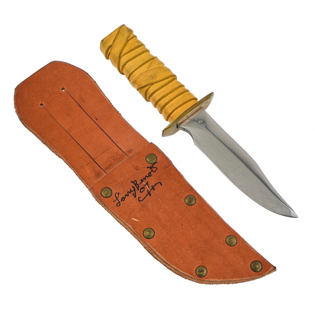 Larry Benoit Signed Sheath Knife: Lanyard Everett "Larry" Benoit (VT 1924-2013) rare hand forged knife from the world famous whitetail hunter, signed, numbered, and dated sheath knife, #18 2007, blade length 4 1/2", overall length 7