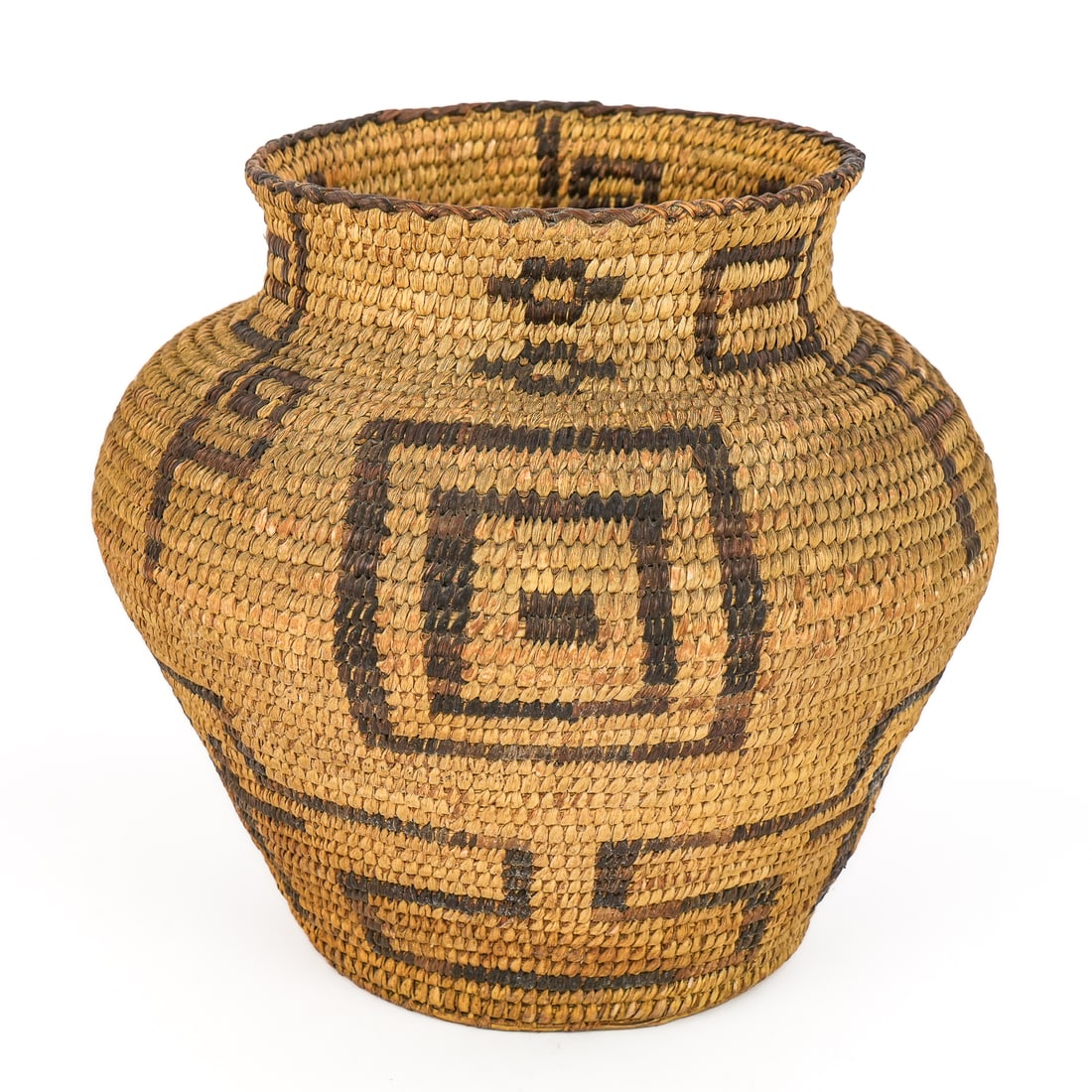 Native American Apache Coiled Basket: Native American Apache coiled olla basket, good condition, ht 8", diameter 9"