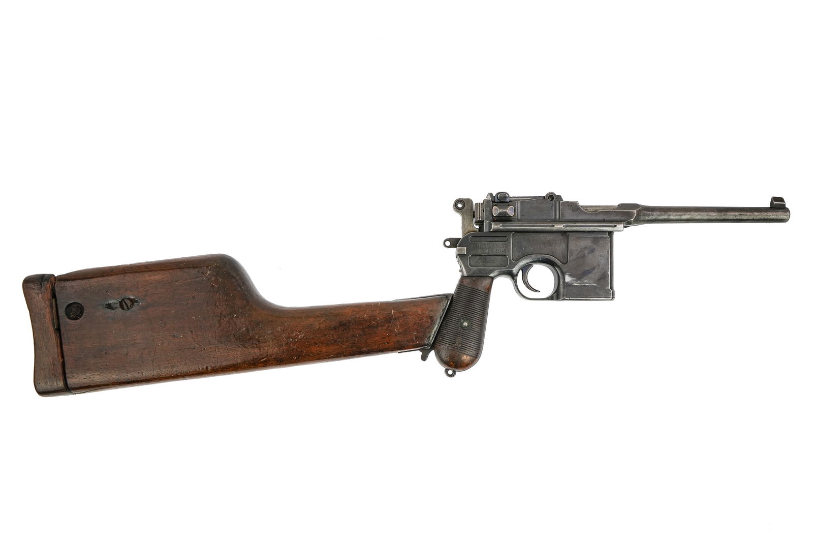 Broomhandle Mauser Pistol with Stock: Oberndorf "Broomhandle" C96 Mauser pistol in 7.63 Mauser with original wooden stock/case. Pistol 12" long, Stock/case 13.5" long, 25" when assembled. Serial #153152 minor dings FFL#143 THIS FIREARM