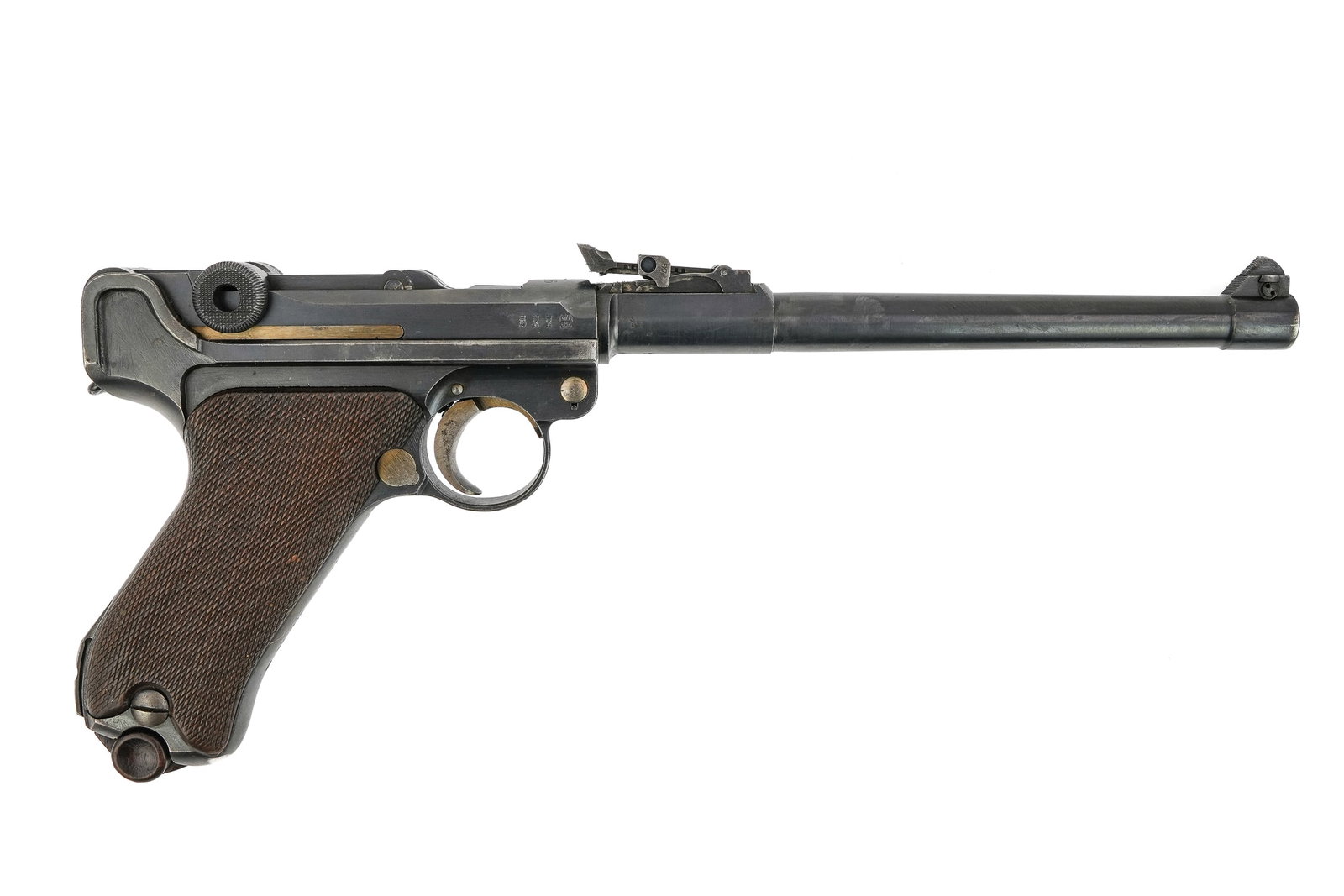 1916 German Artillery Luger with original holster: 1916 German Artillery Luger with original holster , Serial #757 consistent across parts (57) with presumed unit marking on strap hand stamped JR 48 MG - 7" barrell 13" overall FFL#155 THIS FIREARM