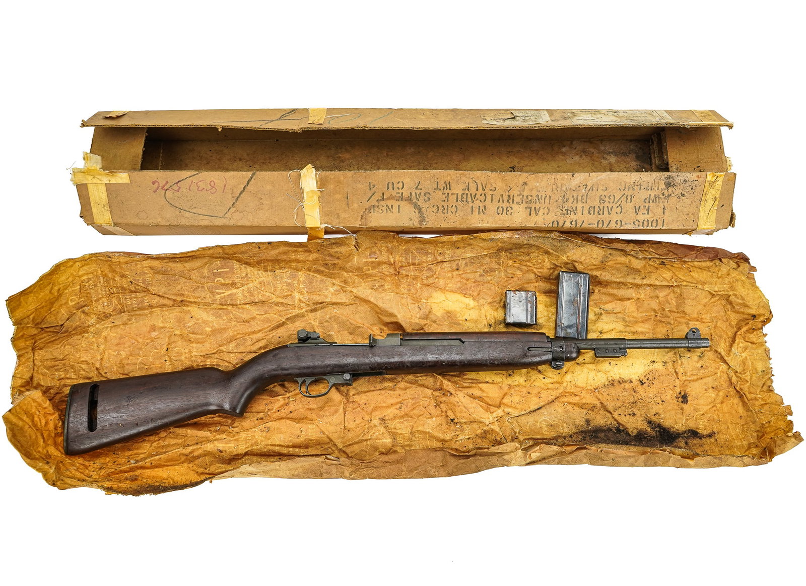 US Saginaw SG M1 Carbine in .30 Unfired.: US Saginaw SG M1 Carbine in .30 Carbine- Serial Number 1831576 In box wrapped in greased paper In stenciled box from Civilian Marksmanship Program box postmarked 1964 - Appears to be in unfired