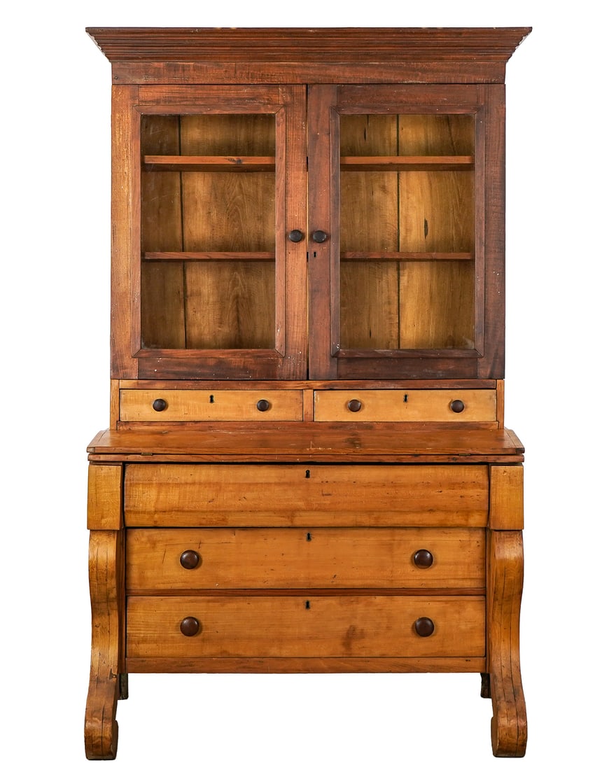 19th c. Country Pine Empire Two Part Secretary: Mid 19th c. country pine Empire sleigh front 2 part secretary having two glass upper doors and drop front writing surface, nicely refinished, old Bellows Falls, VT painted owners inscription under top