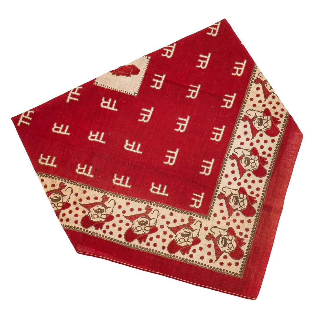 1904 Teddy Roosevelt Campaign Bandana: 1904 Theodore "Teddy" Roosevelt campaign bandana, slight sunfade, 19" x 19"