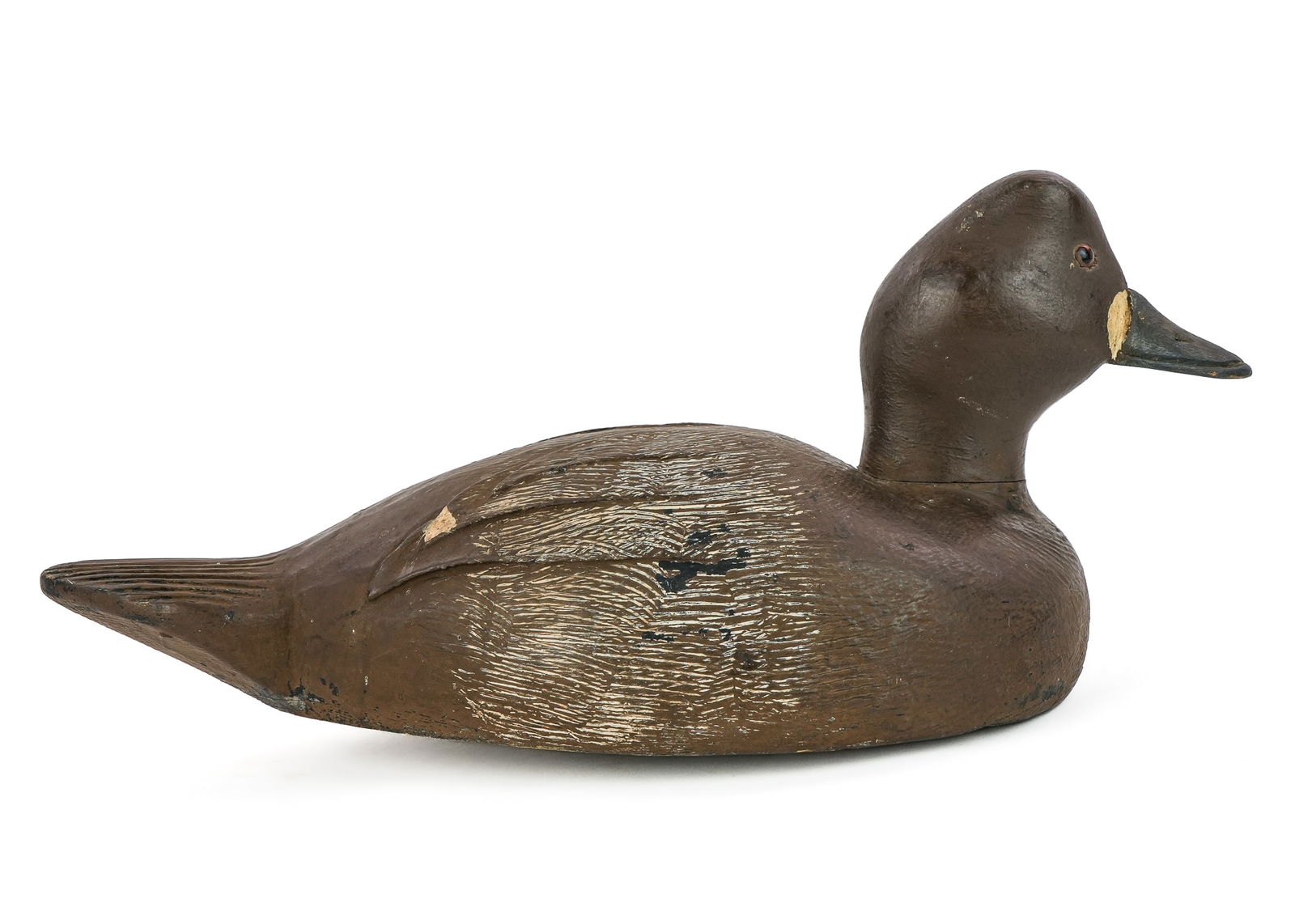 Valleyfield Quebec Bluebill Decoy: Bluebill hen decoy from Valleyfield, Quebec. Paddletail, textured and carved body, glass eye, original paint. Working wear. Good detailed Quebec decoy. 14" long.