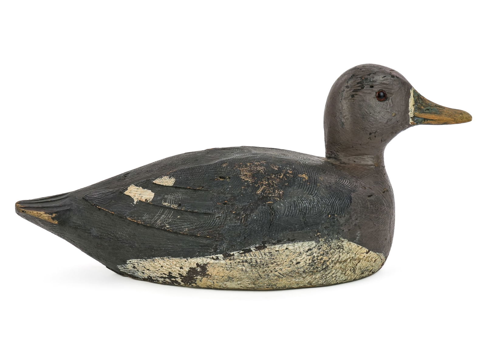 Leduc Quebec Bluebill Decoy: Willie Leduc, Valleyfield, Quebec bluebill hen decoy. Original paint, glass eye, textured feather & carved body. Working wear. Stamped L P on bottom. 14 1/2" long.