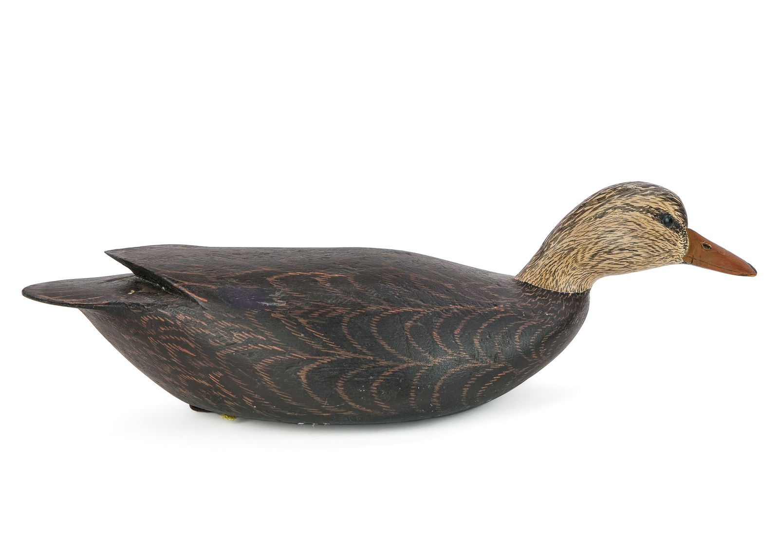 Swimming Black Duck Decoy by Tom Boozer: Swimming black duck decoy by Tom Boozer, South Carolina, branded T B. Rectangular lead weight with brass screws. Original paint, overall good condition. 21" long. Noted- In 60 Living & Outstanding Nor