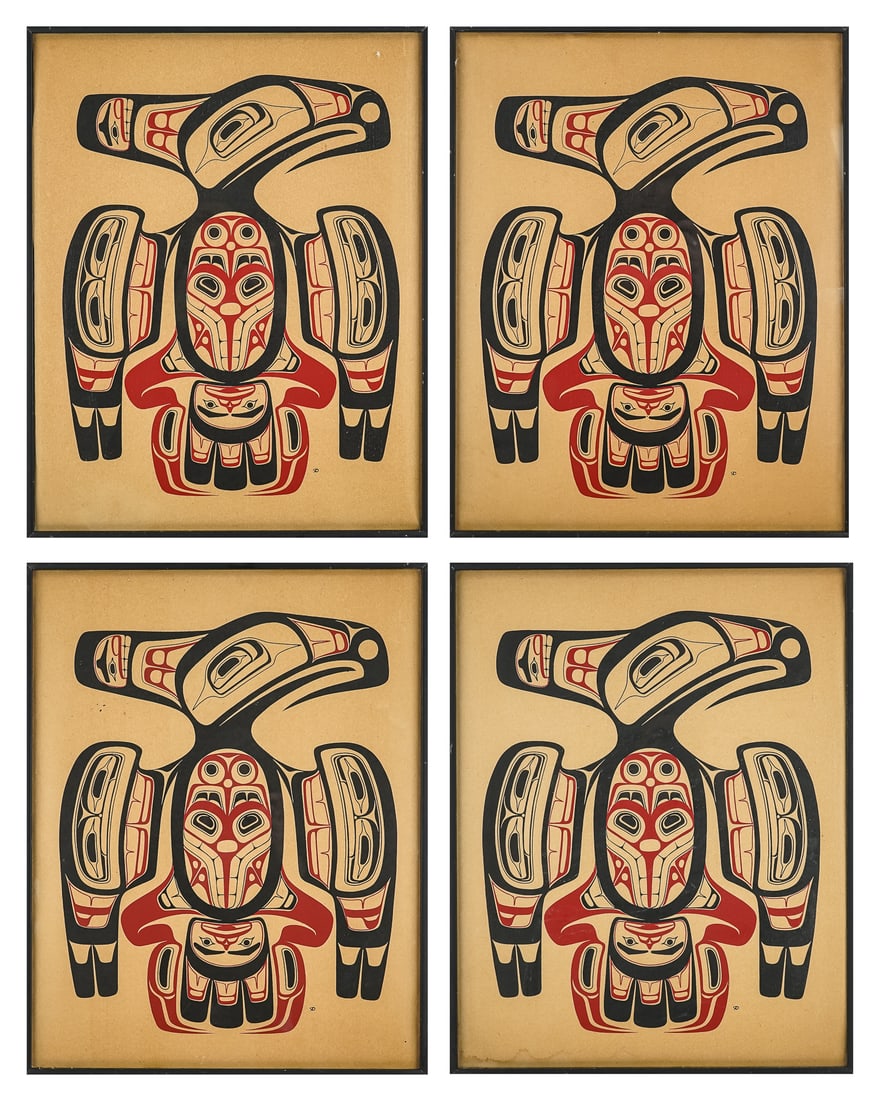 NW Coast Serigraphs Robert Charles Davidson: Four Pacific Northwest Coast Haida red and black "Thunderbird" serigraphs by Robert Charles Davidson (1946- Haida), framed, sight 17 1/2" x 14", one with slight damp staining along bottom edge