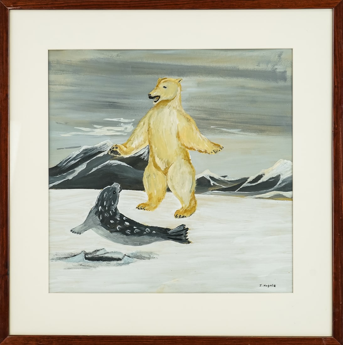 Iziasie Kopalie Inuit Watercolor: Iziasie Kopalie (Broughton Island 1948- Inuit, E6-567), watercolor of a polar bear dancing with a seal, sight 18" cx 18", overall 25 1/4" x 25 1/4"